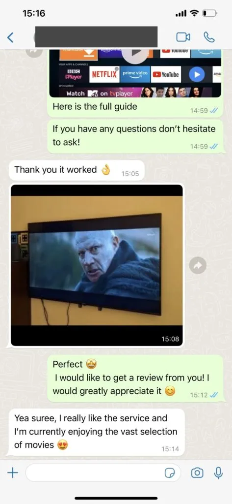 Customer screenshot: WhatsApp activation